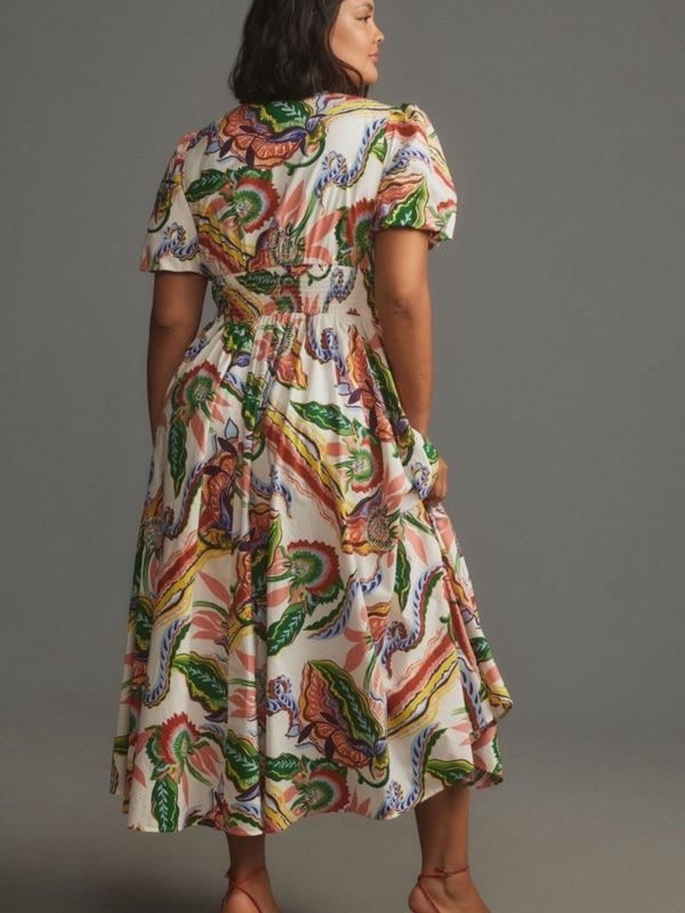 Anthropologie KaterinaWhite Midi Dress with Green, Coral and Yellow Floral Print - Picture 2 of 4